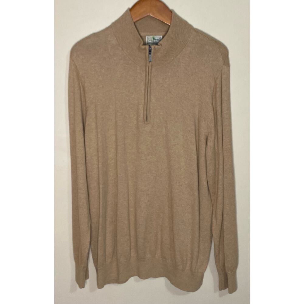L.L. Bean 1/4 Zip Sweater Men's Large Cotton & Cashmere Pullover Tan Long Sleeve